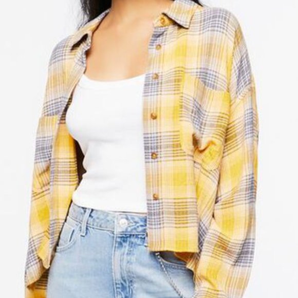 Gold/blue cropped button-down - Picture 1 of 3